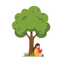 Girl reading a book under a large green tree in flat art vector