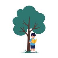 Boy reading a book under a large tree in flat illustration vector