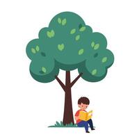 Boy reading a book under a large green tree in flat art vector
