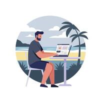 Man working on laptop at beach in minimal art style vector