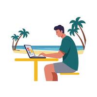 Man working on laptop at beach with palm trees in flat art vector