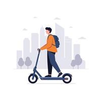Man riding electric scooter in urban setting with flat illustration style art vector