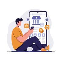 Person using smartphone to access banking app in flat art vector