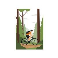 Cyclist navigating through forest path in minimal and vibrant art vector