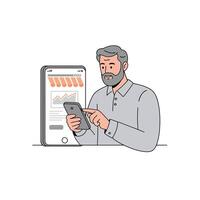 Man using smartphone while analyzing data on tablet in flat art vector