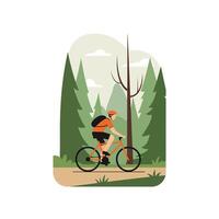 Bicyclist Riding Through a Lush Forest in Flat Art Style Art vector