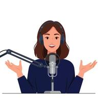 Woman with microphone expressing joy in a minimal flat illustration vector