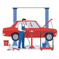 Mechanic working on red car with tools in flat art vector