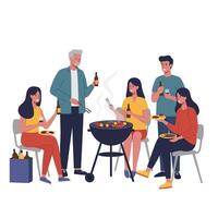 Group of friends enjoying a barbecue in flat art style. vector