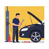 Car mechanic working on engine with tools in flat art vector