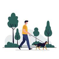 Man walking dog in a natural setting with flat design style art vector