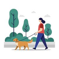 Woman walking a dog in a park with flat design style art vector