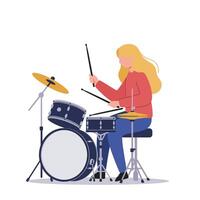 Female drummer playing drums in flat design style art vector