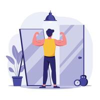 Strong man flexing muscles in front of mirror flat art vector