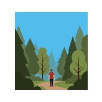 Man walking through a green forest in a flat style art vector