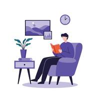 Cozy reading nook scene with person, flat design art vector