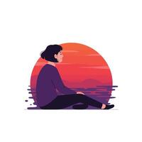 Person sitting calmly by the ocean at sunset in flat art vector
