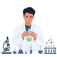 Scientist in lab coat conducting experiments with various flasks in flat art vector