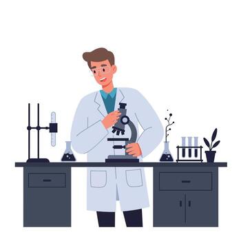 Scientist working with microscope in modern laboratory flat art vector