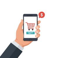 Hand holding smartphone displaying shopping cart icon in flat art vector