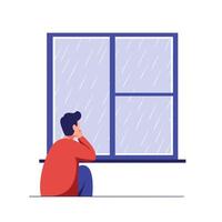 Person contemplating by a window during rain in flat illustration vector