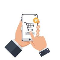 Hands interacting with mobile shopping app in flat design art vector