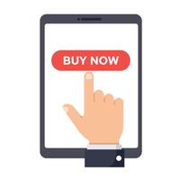 Hand pressing a buy now button on a tablet in flat art vector