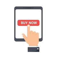 Hand pressing buy now button on tablet in flat art vector