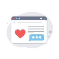 Web browser interface with heart icon and chat bubble in flat art vector