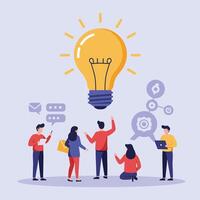 Team brainstorming ideas with lightbulb concept in flat art style vector