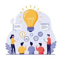 Team brainstorming around a light bulb concept in minimal art vector