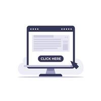 Computer monitor displaying website content with flat design art vector