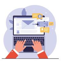 Hands typing on laptop with email notifications in flat illustration vector