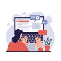 Woman typing on laptop with messaging notifications in flat art vector