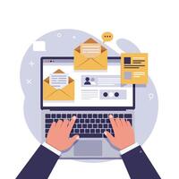 Hands typing on laptop with an email notifications in flat art style vector