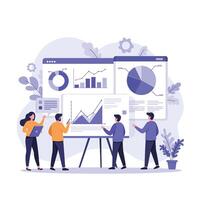 Team analyzing data with charts and graphs in flat art vector