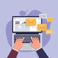 Hands typing on laptop with email notifications in flat art style. vector