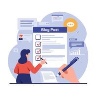 Woman Reviewing Checklist for Blog Post Creation in Flat Art vector