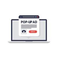 Laptop with pop-up advertisement design in flat art style showcasing online marketing techniques vector