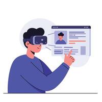 User interacting with virtual reality interface in flat art vector