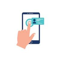 Hand touching smartphone screen with contact details in flat art vector