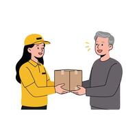 Delivery person handing over a package to a happy customer in flat art vector