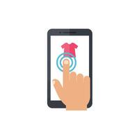 Hand interacting with smartphone displaying clothing selection in flat art vector