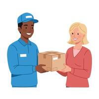 Delivery person handing package to happy customer in flat illustration vector