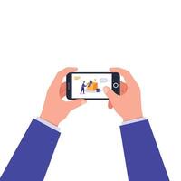 Hands holding smartphone displaying delivery service interaction in flat art vector