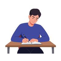 Young man writing in a notebook with flat art style illustration vector