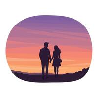 Silhouetted couple holding hands against a sunset background in minimal art vector