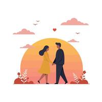 Couple Holding Hands in Romantic Setting with Sunset Flat Illustration vector