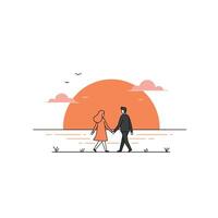 Couple walking hand in hand during sunset in minimal illustration vector