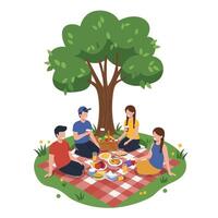 Group of friends enjoying a picnic under a large tree in flat art vector